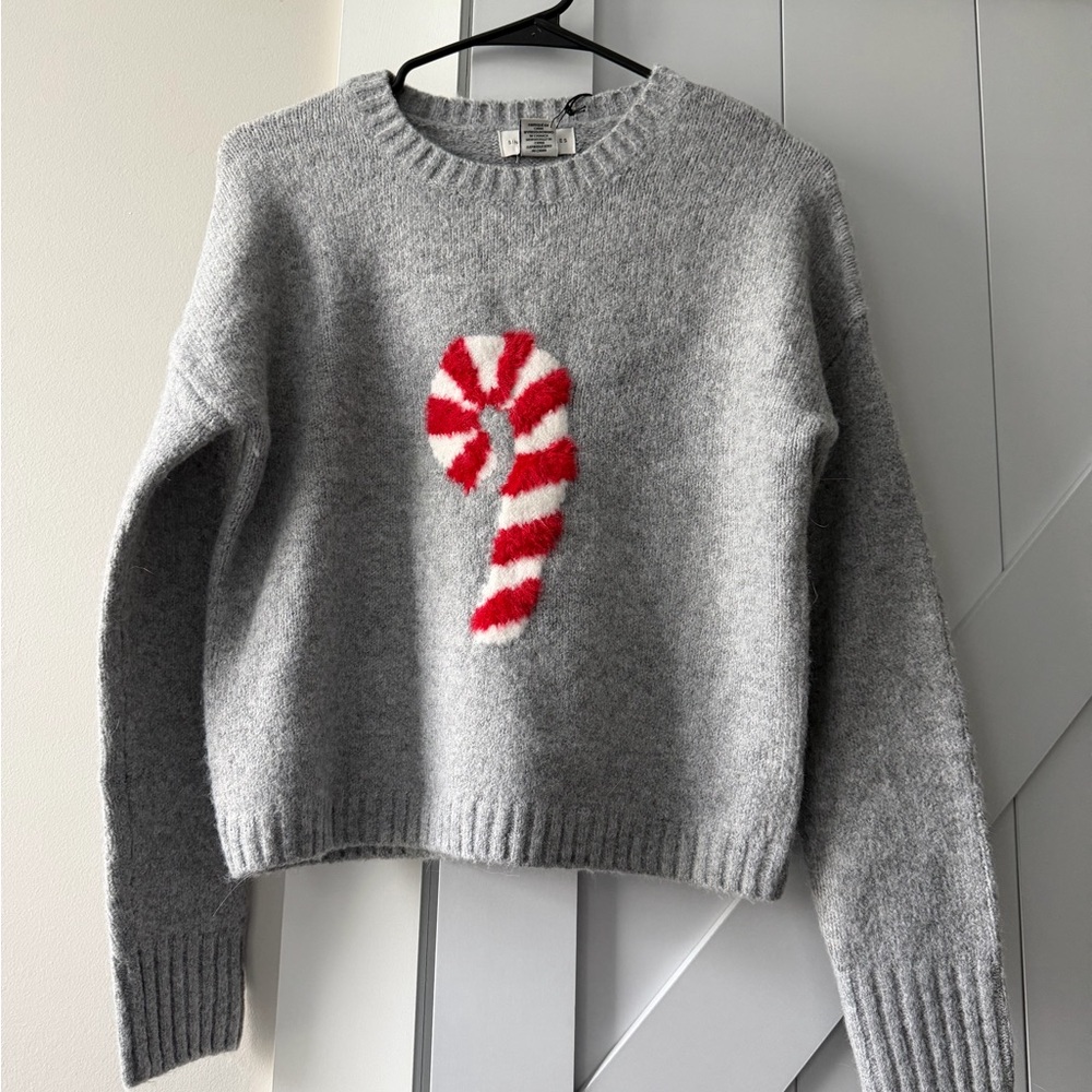 Gray Sweater with Red Candy Cane Design